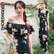 헤링본 플라워 프릴 오프숄더 점프수트 바지 비치웨어 빅사이즈 여름 휴양지 바캉스룩 HF118