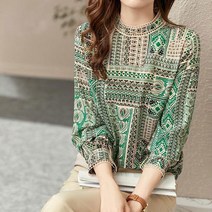 블라우스 여성 의류 빈티지 프린트 셔츠 캐주얼 스탠드 칼라 올 매치 스플라이스 봄 여름 루즈한 긴 소매 쉬폰