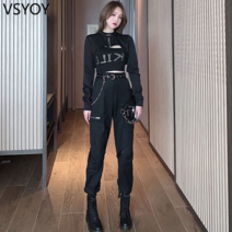 vsyoy 쿨 스타일 여성 의류 다크 스타일 디디 튀는 탑 옷 일치하는 우판 바지 정장 유행 멋진 소녀의 잘 생긴 가을 착용