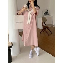 WZC 여름 여성 레이어드 롱원피스 어깨 숄 무지 오버핏 빅사이즈 카라 반팔 셔츠원피스
