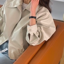 쥬쥬렐라 카라 투웨이 집업 밴딩 빈티지 페이크 가죽 블루종 레더 점퍼 (크림)