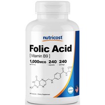 뉴트리코스트 엽산(비타민 B9) 1 000mcg 캡슐 240캡슐 1서빙 1 000mcg 240회분 Folic Acid (Vitamin B9) Capsules