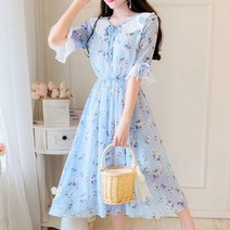 플라워 꽃무늬 원피스 빈티지 화이트 흰색 러플 피터팬 칼라 핑크 쉬폰