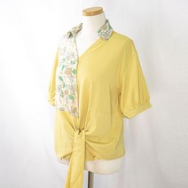 반팔 배색 여성 셔츠 옐로우 플라워 스트랩 블라우스 화사한 꽃무늬 신입생룩 유니크 끈 매듭 상큼한 리본