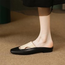 여름 복고풍 Baotou 틈새 낮은 굽 부드러운 가죽 반 드래그 컬러 블록 샌들