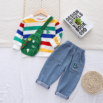 아짱 키즈남아봄가을상하세트신상 티+청바지+가방3종구성 무지개티라노상하세트