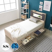 장인가구 시드니 LED 조명 수납헤드 서랍형 침대SS_매트포함, 워시그레이