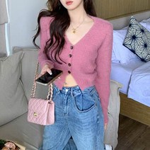 메이킹유 니트가디건 브이넥 단추 루즈핏 숏가디건 A843포미들가디건
