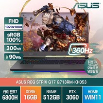 ASUS ROG STRIX G17 G713RM-KH053 라이젠7-6800H RTX3060 윈도우11홈 [백팩증정], ASUS G17 G713RM-KH053, WIN11 Home, 16GB, 512GB, AMD, 이클립스 그레이