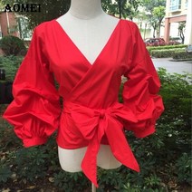 옐로우 여성 블라우스 탑스 뉴 폴드 허리 벨트 v넥 레이디 보우 퍼프 슬리브 패션 캐주얼 셔츠 의류