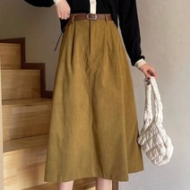 코듀로이 플리츠 롱 스커트 여성 미디 하이 웨이스트 탄성 캐주얼 컬러 포켓 벨트가 있는 라인 봄 가을
