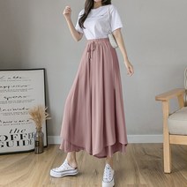 다이뻐 자체제작 국산 하프 뒷밴딩 리본 쉬폰 플리츠 주름 와이드 여성스러운 치마바지