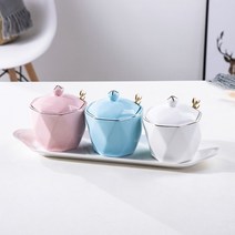 저장항아리 장독대뚜껑 미니옹기 저장용기 항아리 장독 조미료 가정용 세트 보관 단순 조명 고급 주방 용품 소금 후추, 접시가 없는 황금 스푼 3팩(분홍색 파란색 흰색)