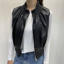 그린레몬 여성 간절기 페미닌 에코레더 셔링 하이넥 블랙 집업 PU 조끼 베스트