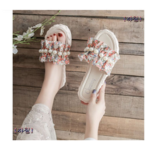 여성 야외 가죽 굽 오픈토 보석 슬리퍼 스퀘어 캐주얼 셔링 반짝이 슈즈