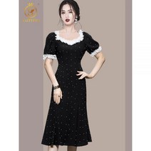 하객룩 정장원피스 하객원피스 넥 퍼프 슬리브 드레스 여성용 패션 럭셔리 다이아몬드 빈티지 미디