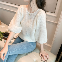 아이엠몽 여성 퍼프소매 그물니트 펀칭 반팔 7부 티셔츠 화센