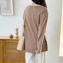 데일로엔 여성용 U넥 트임 여성 긴팔 티셔츠