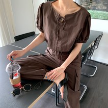 시크블랙 리브안 밑단 밴딩 크롭 린넨 블라우스-BL4083K15