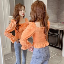 퍼프소매 셔츠 가을 스퀘어넥 스트랩 주름 숏 여성 디자인감각 보이핏 볼륨 상의 트렌드 2688214523