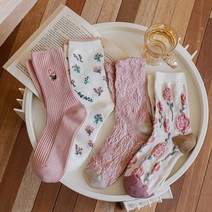 [4개1세트] 워더미 사계절 여성용 핑크 로즈 플라워 일러스트 중목 양말 W644
