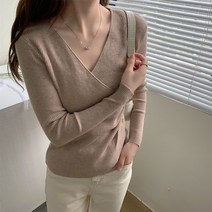 오버클래쓰 여성 긴팔 티셔츠 브이넥 슬림 랩 골지 니트 셔링