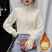 여성 쉬폰 레이스 블라우스 터틀넥 셔츠 과 겨울 외국 스타일 탑 패션 따뜻한