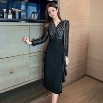 꽃소담 Black dress ZYZC11646 레이스 스티칭 드레스 새로운 기질 사교계 바람 슬림 조커 가을 여성의 긴 소매 A 라인 스커트
