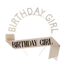 큐빅 생일머리띠 미스코리아 어깨띠 생일파티용품, 골드세트