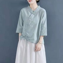 면마블라우스 여성의류 전문점 외 칠부 소매 중국식 단추 면린넨 티 유니폼 상의 2250315480