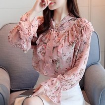 봄 레이스 꽃 무늬 쉬폰 여성 블라우스 JY05