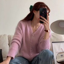 여성 가을 겨울 루즈핏 브이넥 앙고라 울니트 가디건 그린 레드 핑크 7color