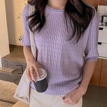 로로텐 꽈배기 반팔 니트 티셔츠 라운드넥 기본핏 여성 빅사이즈