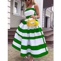 여성용 오프숄더 롱 파티 드레스 스트라이프 프린트 민소매 세련된 A 라인 서스펜더 비치 여름 패션, 04 Green+XL