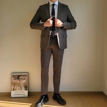 브라운 체크 싱글 콤비 스판 수트 셋업