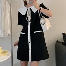 잇츠스타일 여성 빅카라 리본 배색 단색 기본핏 블랙 앤 화이트 미니원피스