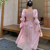보트넥 백리스 스트랩 긴팔 셔링 퍼프 A라인 원피스 러블리 비치웨어