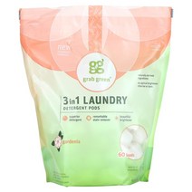 Grab Green 3-in-1 세탁 세제 포드 치자 60회분 1080g(2lbs 6oz), 60 개, 60개