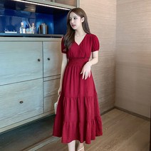 V 넥 반팔 드레스 여름 2022 스타일 첫사랑 드레스 도라지 모리 프랑스어 무릎 허리 드레스 빠른배송