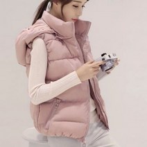 여성용 면 조끼 슬림 다운 패딩 후드 조끼 자켓 (탈부착모자)