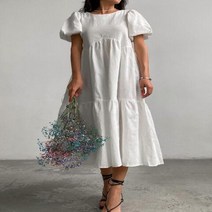 캐주얼 여성 여름 맥시 드레스 100 면 o넥 a라인 오버사이즈 반팔 미디 드레스 퍼프 슬리브 화이트 그린 롱 드레스