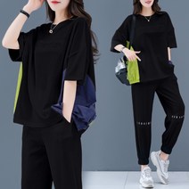 나드리 여성 빅사이즈 캐주얼 라운드넥 배색 반팔 티셔츠 + 밴딩 조거 팬츠 트레이닝 세트