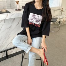 여자 빈티지 사진 프린팅 오버핏 캐주얼 라운드넥 반팔티
