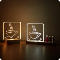 채움공간 미니아크릴각인 무드등 - 커피잔 - 투명전선 아크릴무드등, 쿨화이트 (하얀빛), 트레이스탠드(어댑터추가)