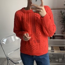 뜨개진 여성용 꽈배기 펀칭 데미지 테드라운드 니트
