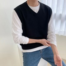 봄 가을 석훈 브이넥 얇은 니트 조끼 베스트 / 흰 검 소라 핑크