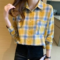여성 체크 무늬 블라우스 여자 옐로우 블라우스 남방 봄 가을 셔츠