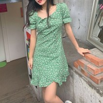 여성 빅사이즈 그린 데이지 퍼프소매 꽃무늬 폴리 주름 미니 원피스