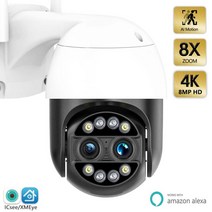 4K 8MP 쌍안 보안 카메라 야외 WiFi PTZ IP 카메라 4MP HD 듀얼 렌즈 감시 CCTV 카메라 Alexa 지원 AI 추적 P2P IP66 컬러 야간 투시경 ICsee, 4MP With 128GB Card, 미국 플러그