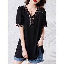 큰언니 여름 빅사이즈 여름 V넥자수 반팔 블라우스 BS06951#